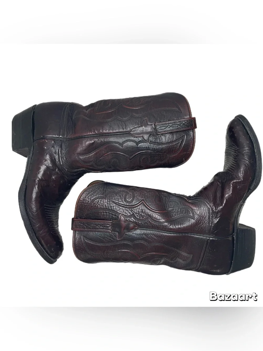 Vintage Lucchese Smooth Ostrich Cowboy Boots in Black Cherry
